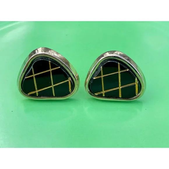 Vintage 1960s Chunky Mens Cufflinks Black Glass Matrix - Picture 2 of 8